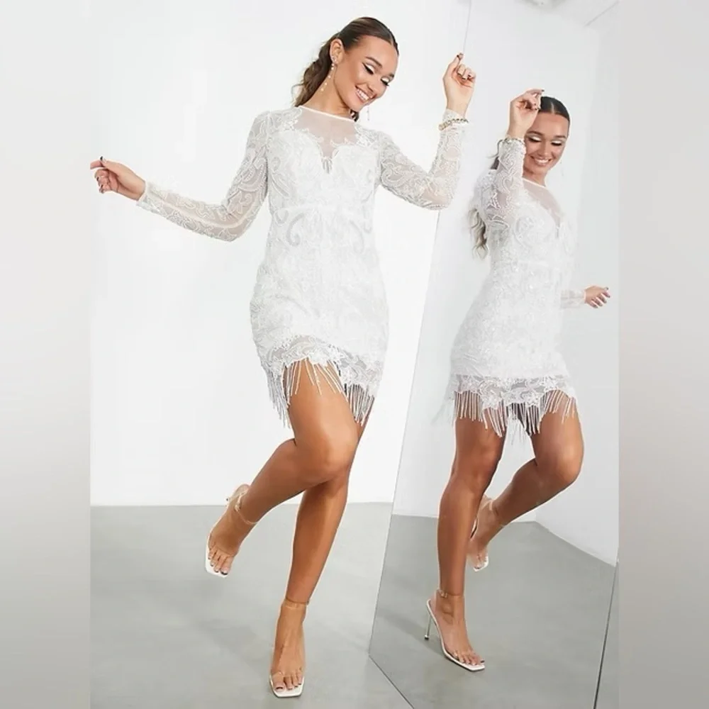NWT ASOS Edition White Beaded Mesh Fringe Mini Dress Plus Bridal Wedding - Picture 2 of 15